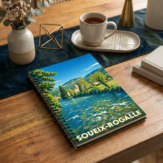 Carnet à spirales souvenir de la ville de Soueix-Rogalle avec une illustration de paysage colorée.