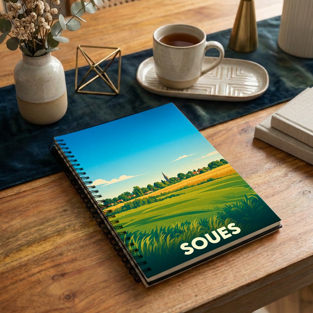 Carnet à spirales souvenir de la ville de Soues avec une illustration stylisée de paysages ruraux.