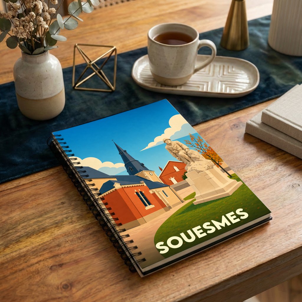 Carnet souvenir de la ville de Souesmes illustré d'un dessin stylisé représentant son église et un monument.