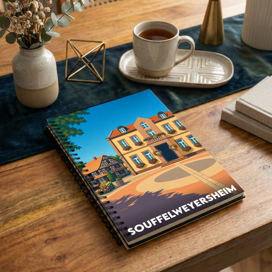 Carnet souvenir de la ville de Souffelweyersheim avec une illustration stylisée.