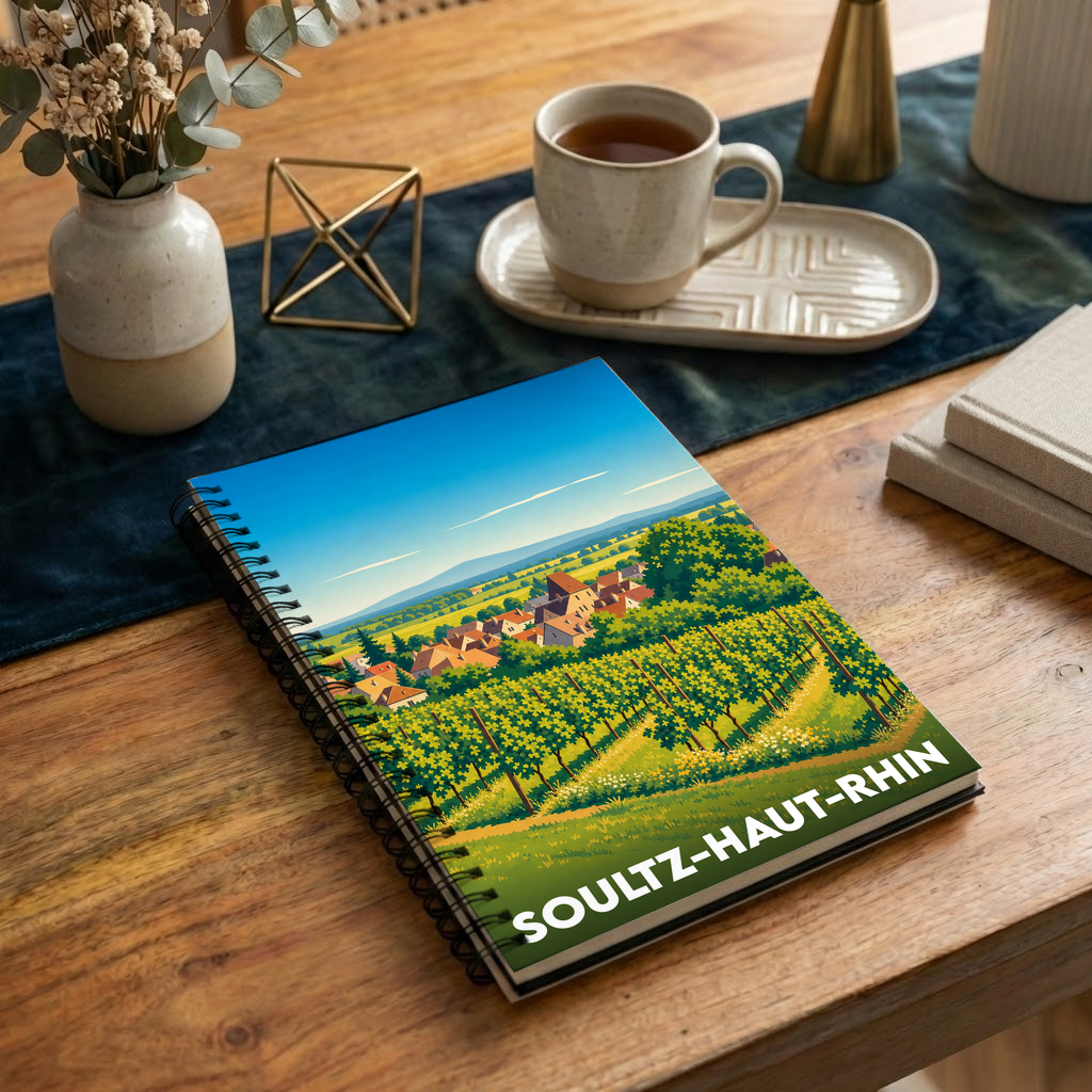 Carnet souvenir de la ville de Soultz-Haut-Rhin avec une illustration stylisée de vignobles.