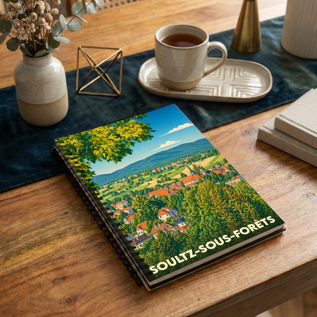 Carnet souvenir de la ville de Soultz-sous-Forêts avec une illustration stylisée d'un paysage alsacien.