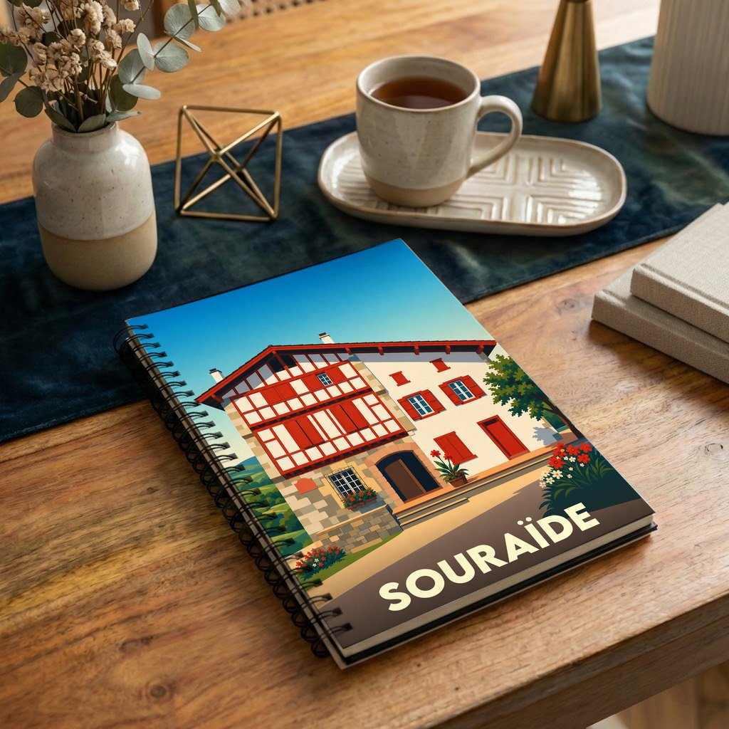 Carnet à spirales souvenir de la ville de Souraïde illustré d'une maison basque traditionnelle.