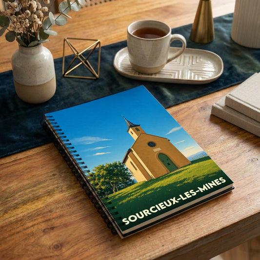 Carnet à spirale souvenir de Sourcieux-les-Mines illustré d'un dessin stylisé d'une petite chapelle.