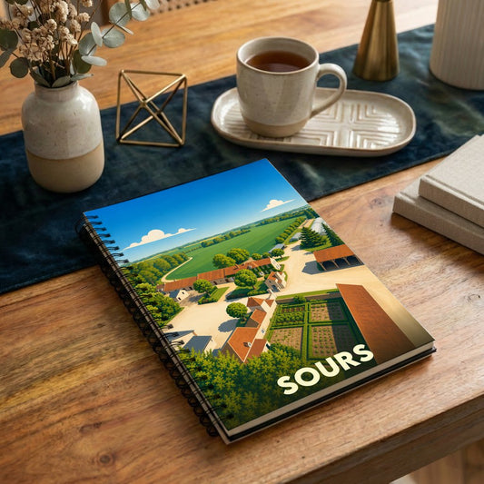 Carnet souvenir de la ville de Sours avec une illustration paysagère stylisée.