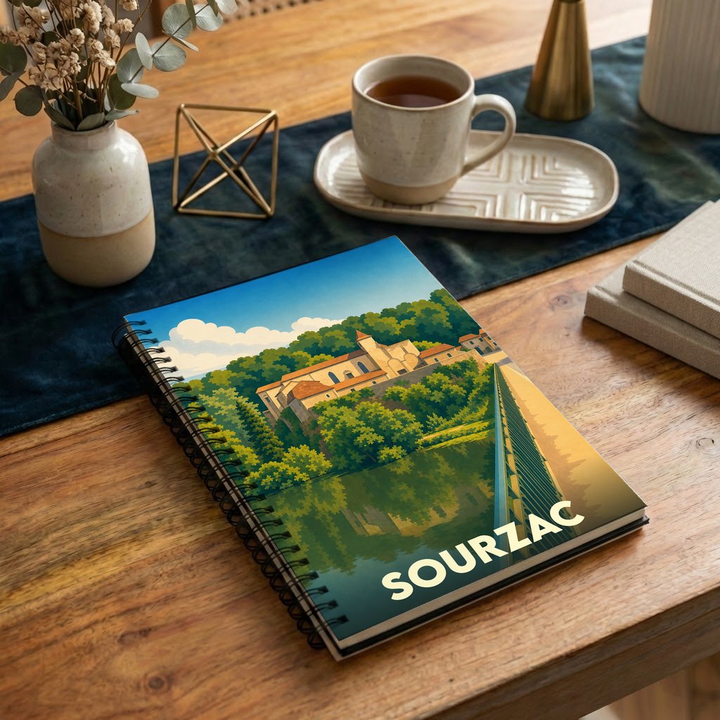 Carnet à spirales souvenir de la ville de Sourzac avec une illustration stylisée représentant son église au bord de l'eau.