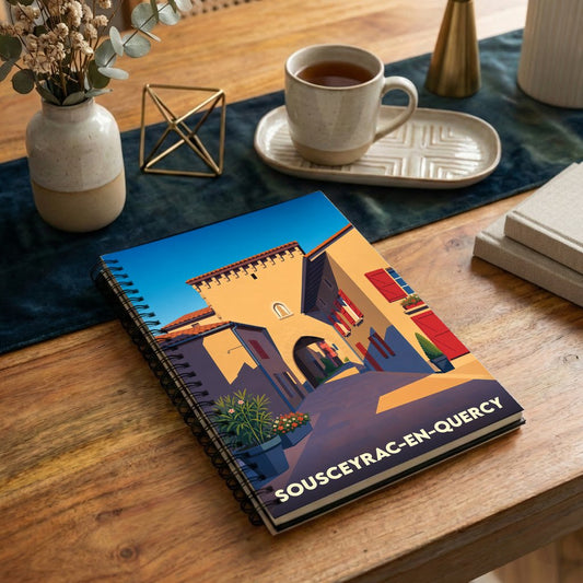 Carnet souvenir de la ville de Sousceyrac-en-Quercy avec une illustration stylisée.