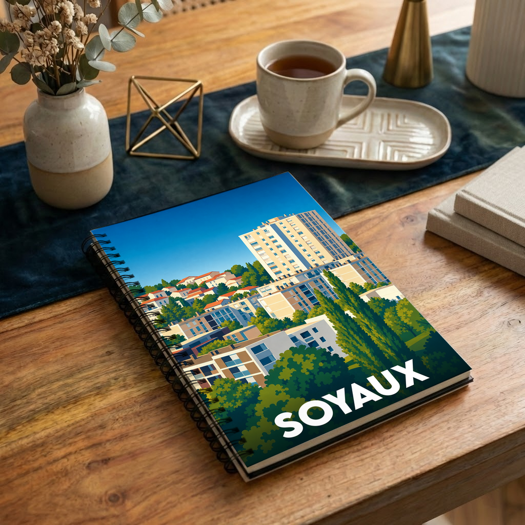 Carnet à spirales souvenir de la ville de Soyaux avec une illustration stylisée et colorée.