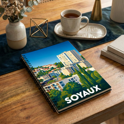 Carnet à spirales souvenir de la ville de Soyaux avec une illustration stylisée et colorée.