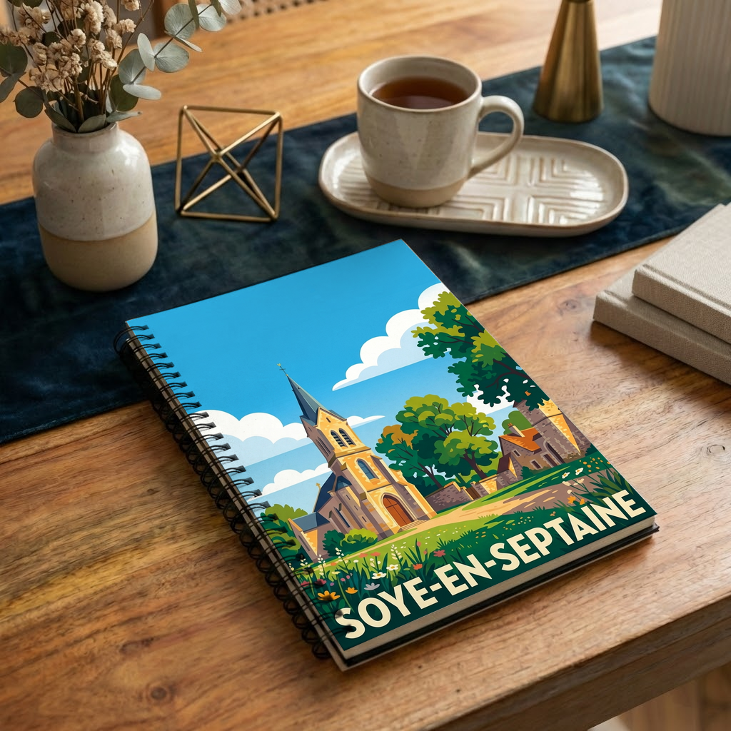 Carnet souvenir de la ville de Soye-en-Septaine avec une illustration stylisée.