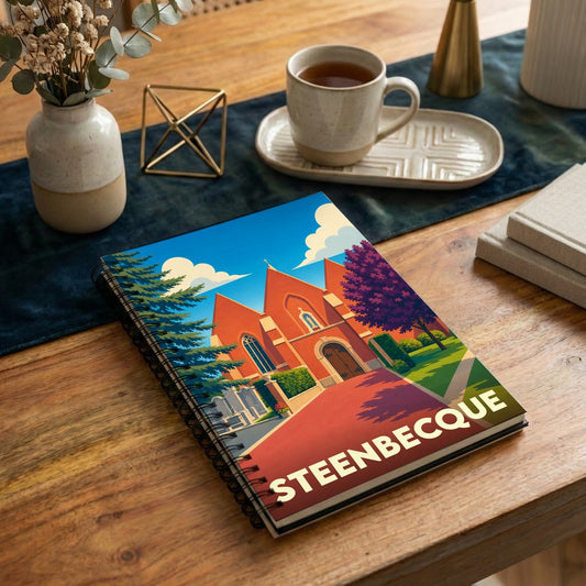 Carnet à spirales souvenir de la ville de Steenbecque illustré par un dessin stylisé de son église.