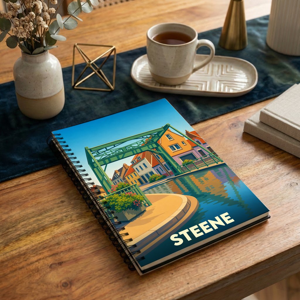 Carnet souvenir de la ville de Steene avec une illustration stylisée d'un pont et de maisons colorées au bord de l'eau.