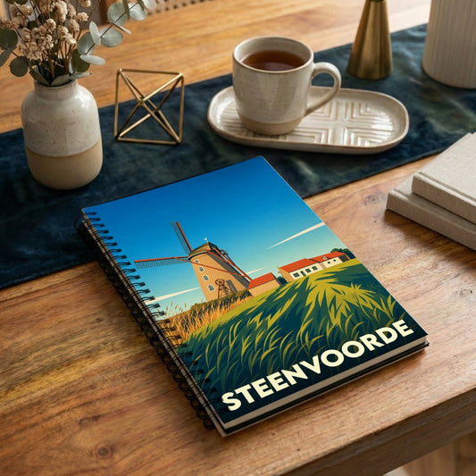 Carnet à spirales souvenir de la ville de Steenvoorde illustré d'un moulin stylisé dans un champ.