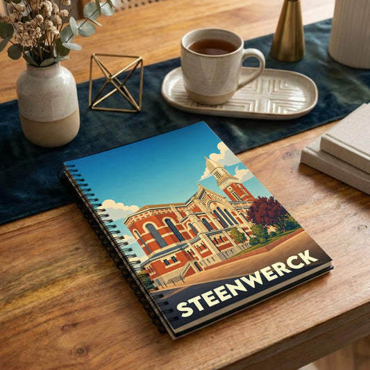 Carnet à spirale souvenir de la ville de Steenwerck avec une illustration stylisée de son église.