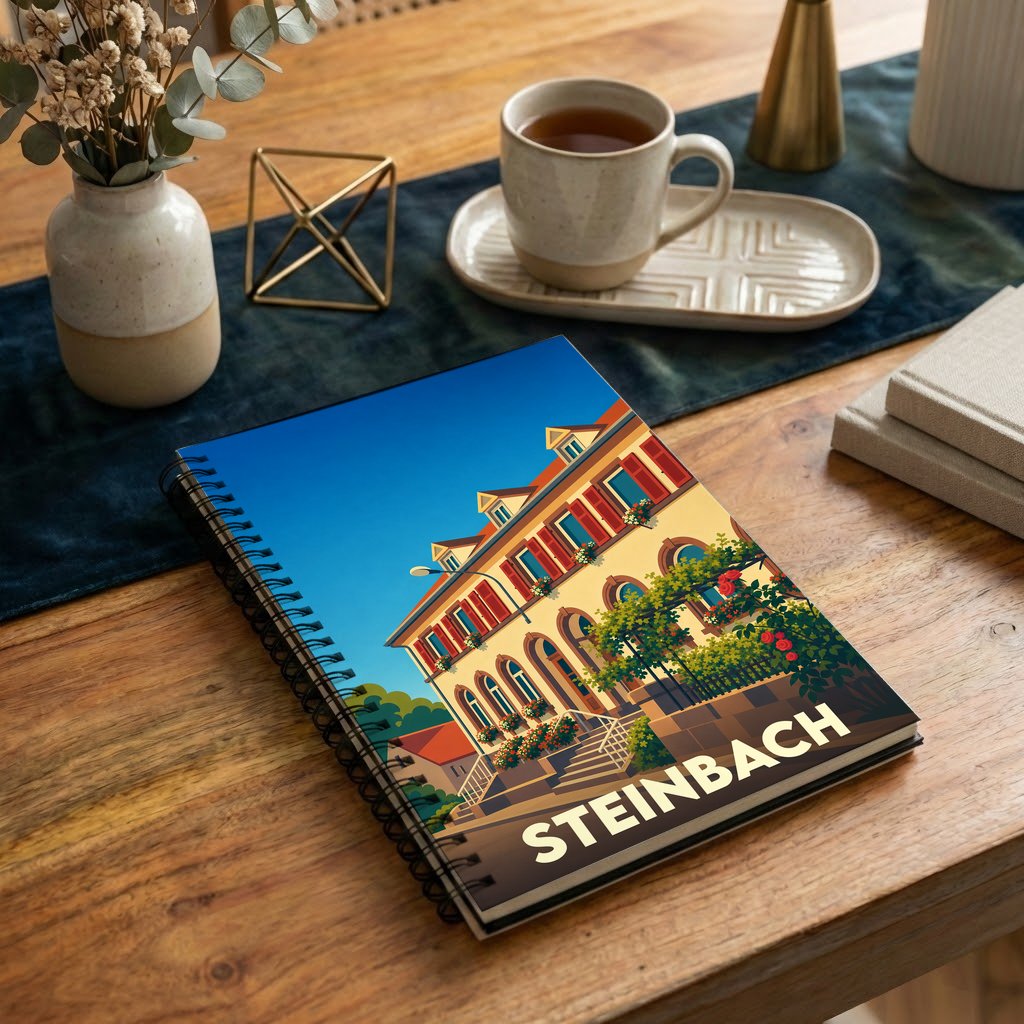 Carnet à spirales souvenir de la ville de Steinbach avec une illustration stylisée d'un bâtiment historique.