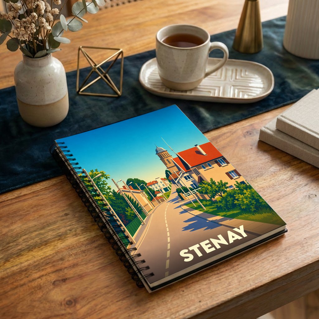 Carnet à spirales souvenir de la ville de Stenay avec une illustration stylisée.