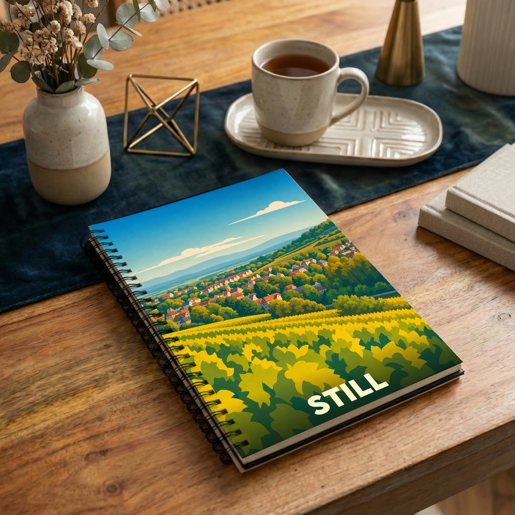 Carnet à spirale souvenir de la ville de Still avec une illustration stylisée de son paysage vallonné.