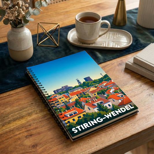 Carnet à spirales souvenir de la ville de Stiring-Wendel avec une illustration stylisée de ses toits et de son patrimoine industriel.