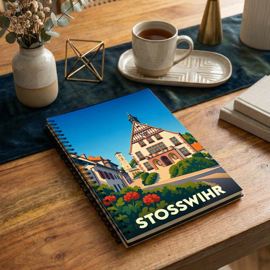 Carnet à spirales souvenir de la ville de Stosswihr illustré d'un paysage urbain stylisé.