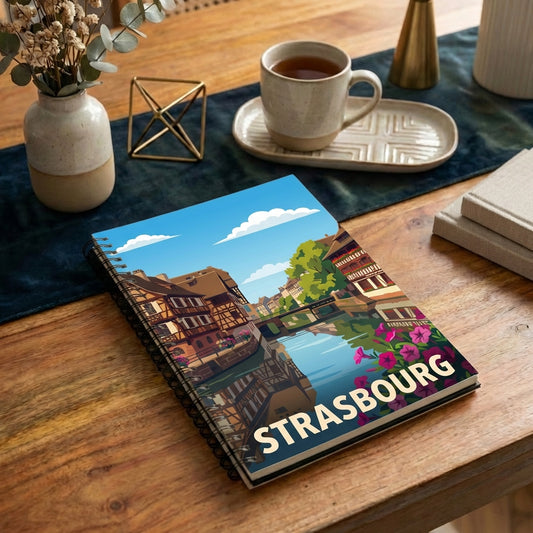 Carnet souvenir de la ville de Strasbourg avec une illustration stylisée de ses maisons à colombages au bord de l'eau.