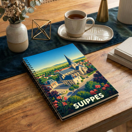 Carnet de notes à spirales souvenir de la ville de Suippes avec une illustration colorée et stylisée.
