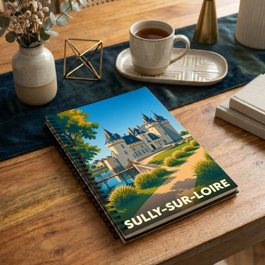 Carnet à spirales souvenir de Sully-sur-Loire avec une illustration stylisée de son château.
