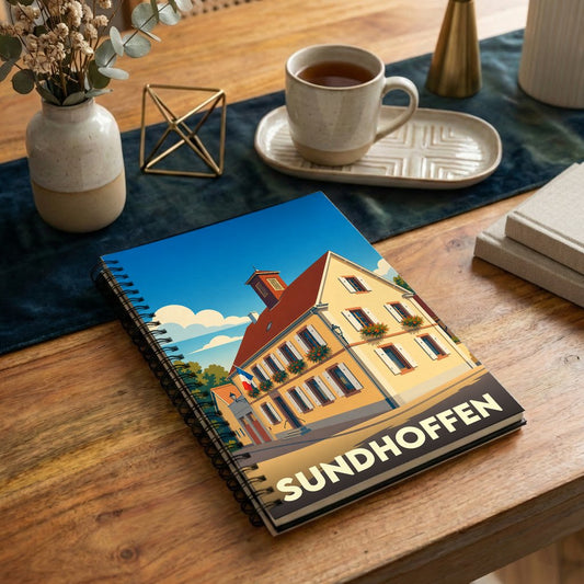 Carnet de notes souvenir de la ville de Sundhoffen avec une illustration stylisée d'un bâtiment traditionnel alsacien.