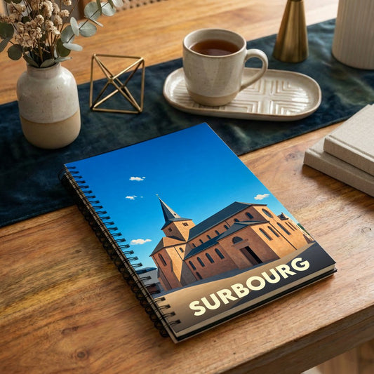 Carnet à spirales souvenir de la ville de Surbourg avec une illustration stylisée de son église.
