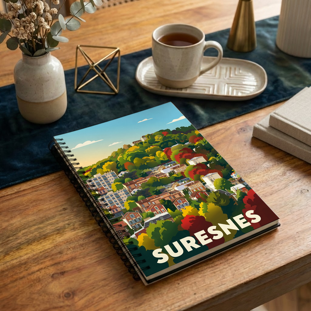 Carnet souvenir de la ville de Suresnes avec une illustration colorée et stylisée.