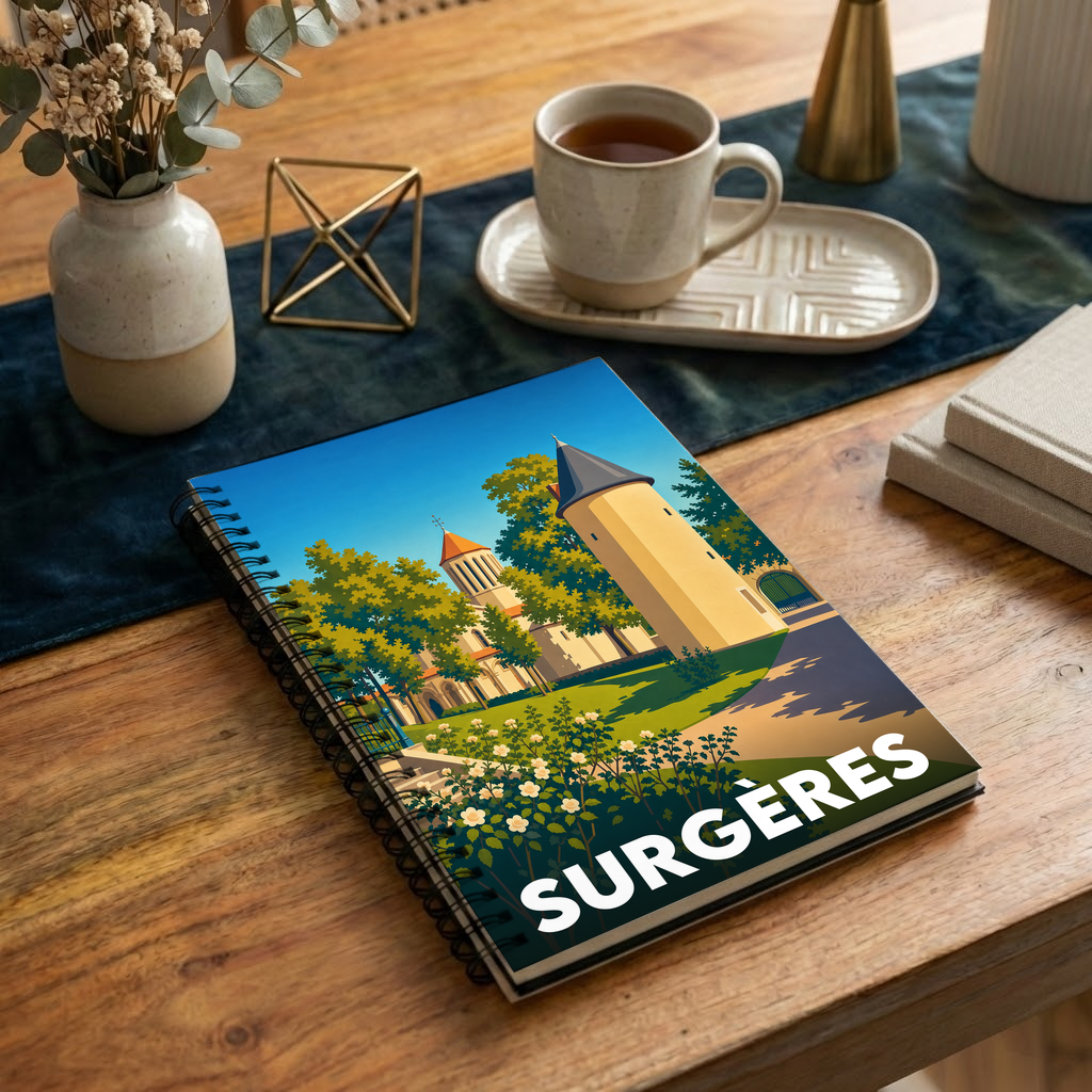 Carnet à spirales souvenir de la ville de Surgères avec une illustration stylisée de son château.
