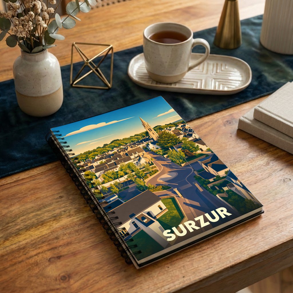 Carnet souvenir de la ville de Surzur avec une illustration stylisée.