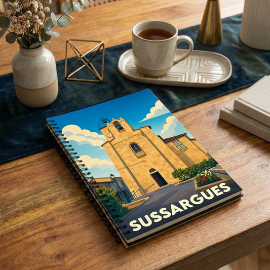Carnet souvenir de la ville de Sussargues avec une illustration stylisée de son église sous un ciel bleu.