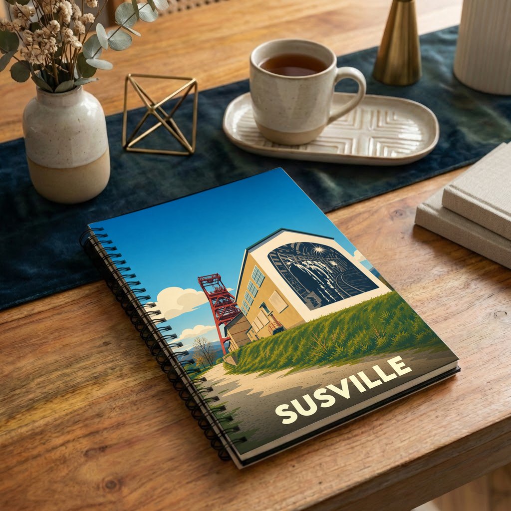 Carnet à spirales souvenir de la ville de Susville avec une illustration stylisée de son patrimoine minier.