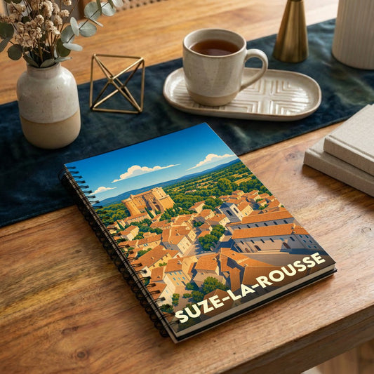 Carnet à spirales souvenir de Suze-la-Rousse illustré d'une vue aérienne stylisée de la ville et de son château.