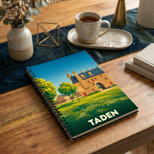 Carnet à spirale souvenir de la ville de Taden avec une illustration stylisée d'un manoir breton.