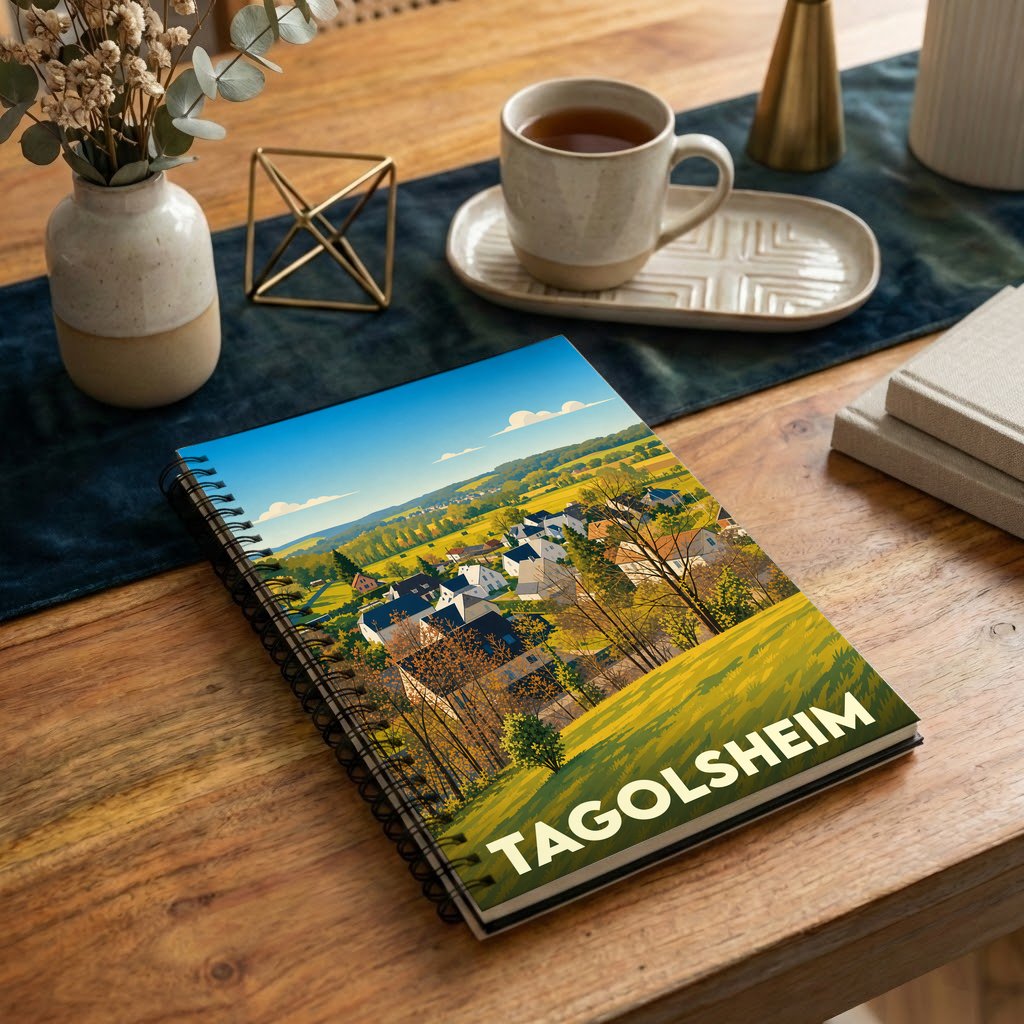Carnet à spirales souvenir de la ville de Tagolsheim avec une illustration paysagère stylisée.