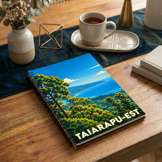 Carnet souvenir de la ville de Taiarapu-Est illustré d'un paysage côtier stylisé.