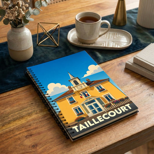 Carnet à spirales souvenir de la ville de Taillecourt avec une illustration stylisée d'un bâtiment communal.