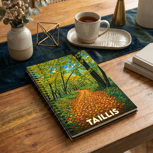 Carnet à spirales souvenir de la ville de Taillis avec une illustration de forêt automnale.