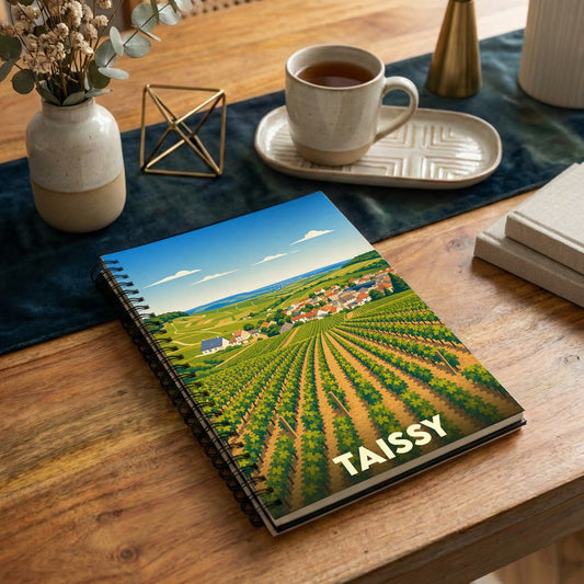 Carnet souvenir de la ville de Taissy avec une illustration stylisée de ses vignobles.