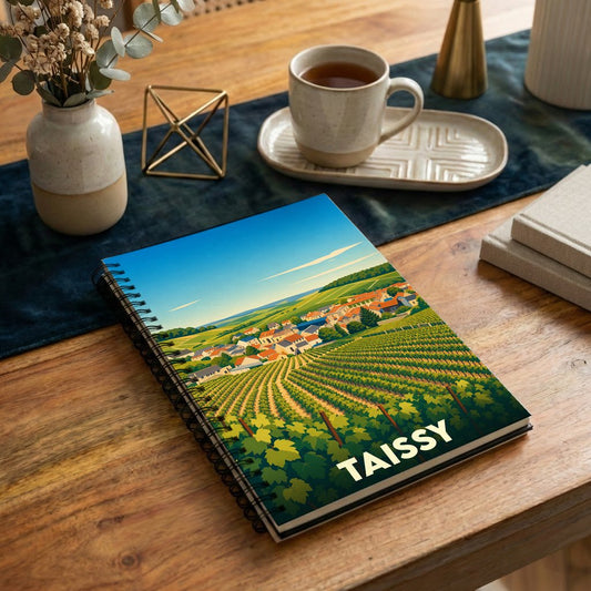Carnet à spirales souvenir de la ville de Taissy illustré par un paysage de vignobles stylisé.