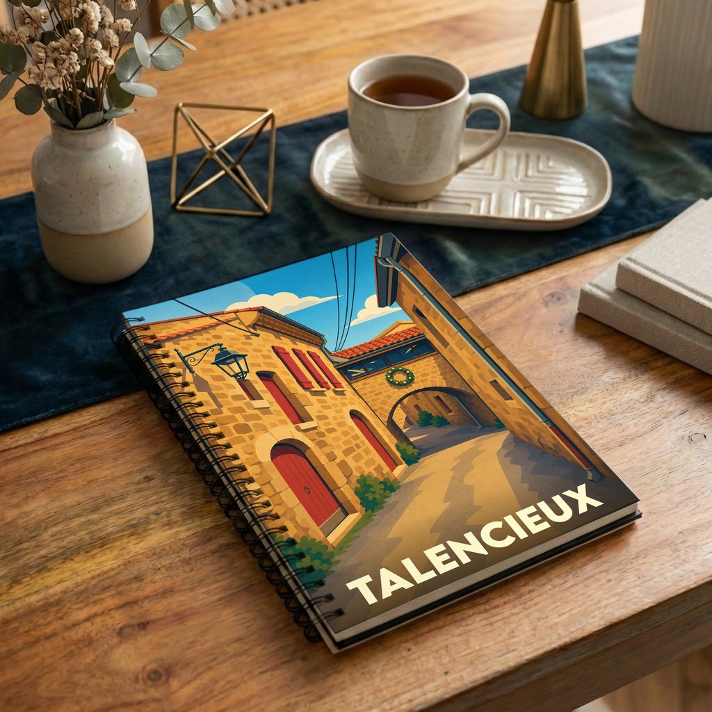 Carnet souvenir de la ville de Talencieux avec une illustration stylisée d'une ruelle pittoresque.