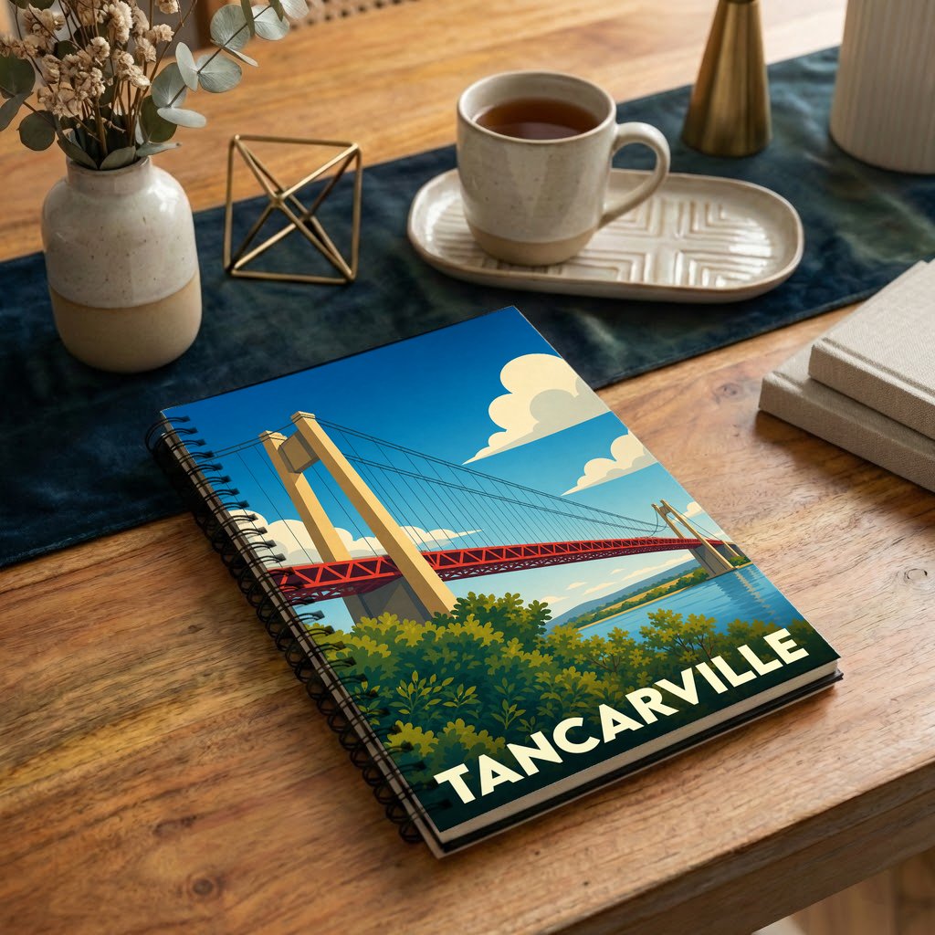Carnet à spirales souvenir de la ville de Tancarville avec une illustration stylisée de son célèbre pont.