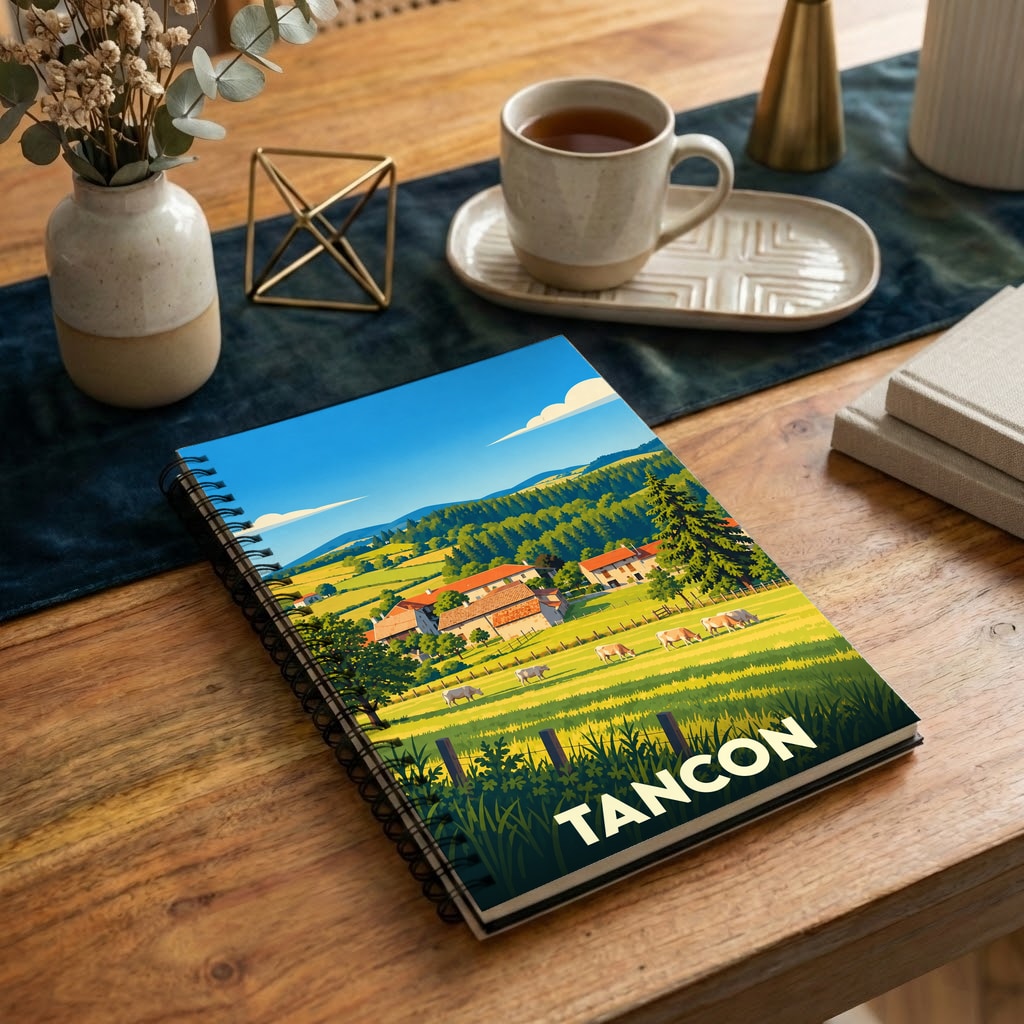 Carnet à spirales souvenir de la ville de Tancon avec une illustration paysagère stylisée.