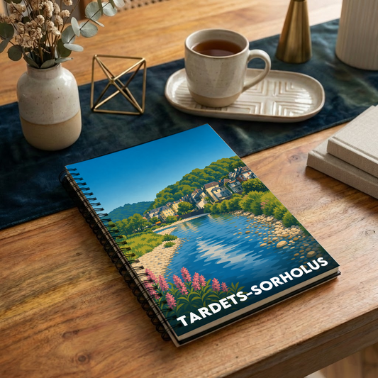 Carnet souvenir de la ville de Tardets-Sorholus avec une illustration stylisée d'un paysage.