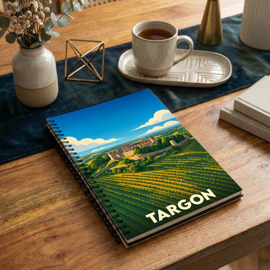Carnet de notes à spirales souvenir de la ville de Targon avec une illustration stylisée de son paysage et de son château.