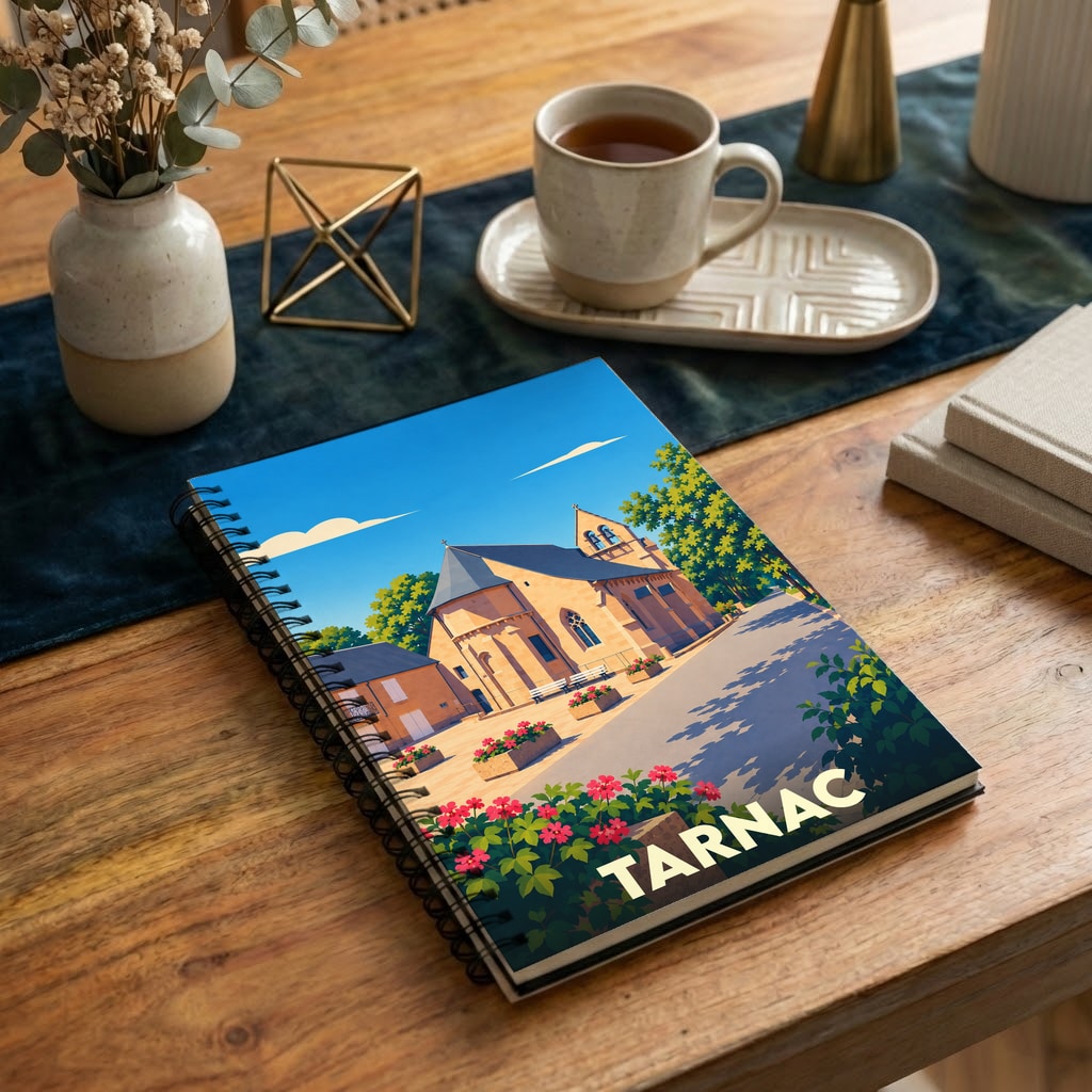 Carnet souvenir de la ville de Tarnac avec une illustration stylisée de son église sous un ciel bleu.