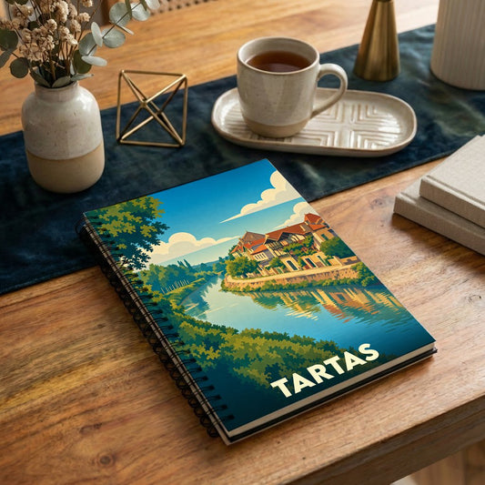 Carnet de notes à spirales souvenir de la ville de Tartas illustré d'un paysage urbain au bord de l'eau.