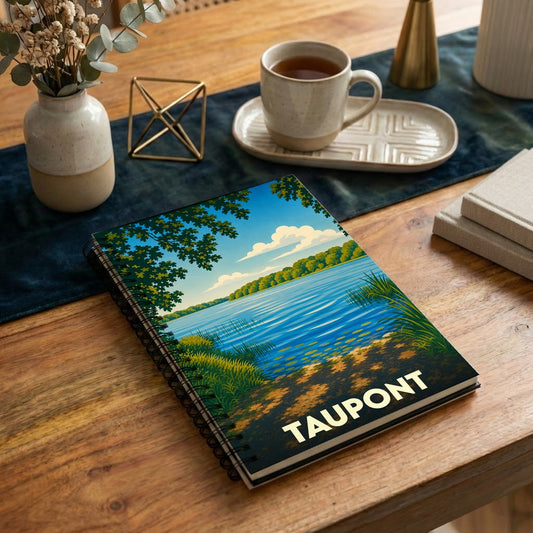 Carnet à spirales souvenir de la ville de Taupont avec une illustration stylisée de son lac.