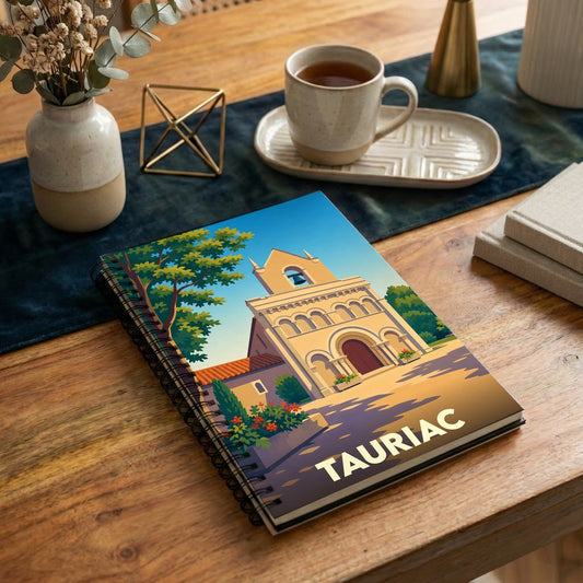 Carnet à spirales souvenir de la ville de Tauriac avec une illustration stylisée de son église romane.